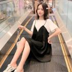 Short-sleeve Paneled Mini A-line Dress Black - One Size