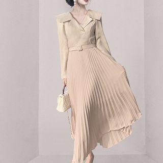 Mock Tow-piece Pleated Panel Midi A-line Blazer Dress