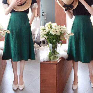Band-waist Linen Flare Skirt Green - One Size