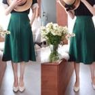 Band-waist Linen Flare Skirt Green - One Size