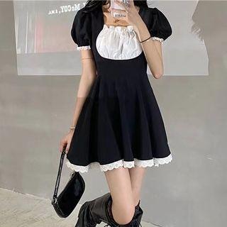 Puff-sleeve Floral Drawstring Midi A-line Dress