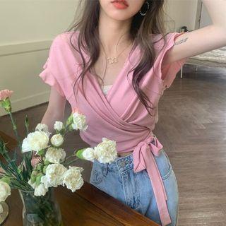 Short-sleeve V-neck Crop Wrap Top Pink - One Size