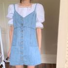 Lace Trim Bell-sleeve Blouse / Mini A-line Denim Pinafore Dress