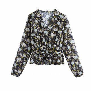 Long-sleeve V-neck Floral Print Shirt