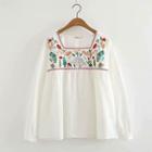 Embroidered Square-neck Blouse White - One Size