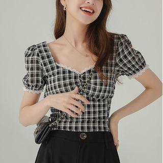 Short-sleeve Plaid Lace Trim Chiffon Top