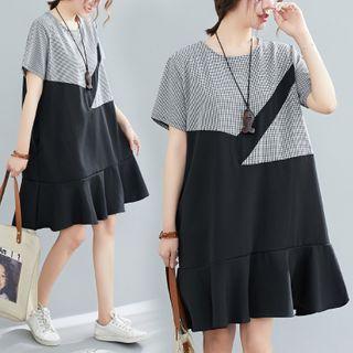 Short-sleeve Check Panel Ruffled Dress Black - One Size