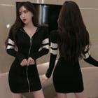 Long-sleeve Zip Mini Knit Dress Black - One Size