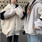 Color Panel Hooded Zip Fleece Jacket