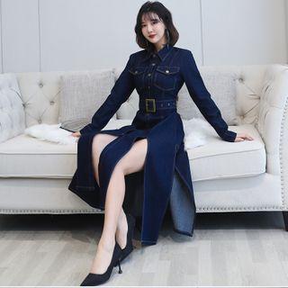 Button Denim Long-sleeve Midi A-line Dress