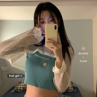 Long-sleeve Cropped T-shirt / Spaghetti Strap Top