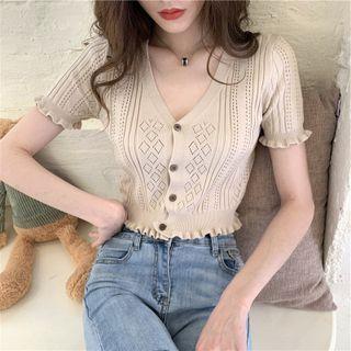 Short-sleeve V-neck Pointelle Knit Cropped Cardigan