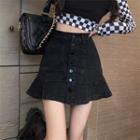 High-waist Single-breasted Ruffle Denim Mini Skirt