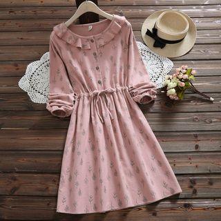 Floral Long-sleeve Ruffled Collar A-line Dress