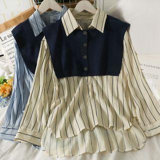 Set: Dip-back Striped Long Shirt + Button-up Shawl