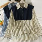 Set: Dip-back Striped Long Shirt + Button-up Shawl