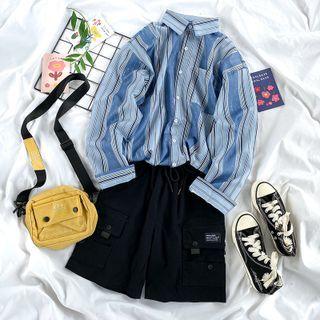 Striped Denim Shirt / Wide-leg Cargo Shorts