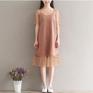 Set: Dotted Short-sleeve Mesh Dress + Spaghetti Strap Dress