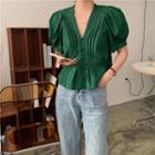 Elbow Sleeve V-neck Button-up Loose-fit Blouse