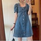 Puff-sleeve Button-up Denim Mini A-line Dress