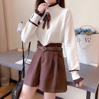 Set: High-neck Bow Accent Color Block Knit Sweater + High-waist Plain Woolen Wide-leg Shorts