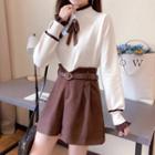 Set: High-neck Bow Accent Color Block Knit Sweater + High-waist Plain Woolen Wide-leg Shorts