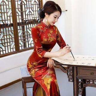 Elbow-sleeve Velvet Qipao Dress