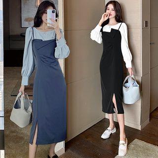 Set: Plain Blouse + Spaghetti Strap Midi Dress