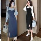 Set: Plain Blouse + Spaghetti Strap Midi Dress