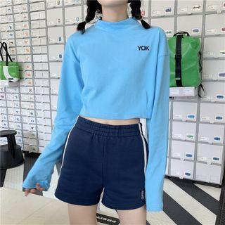 Lettering Mock-neck Long-sleeve T-shirt / Striped High-waist Shorts