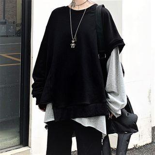 Set: Long-sleeve Plain T-shirt + Asymmetrical Sweatshirt T-shirt - Gray - One Size / Sweatshirt - Black - One Size