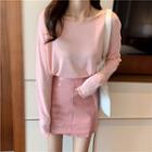 Long-sleeve Plain Knit Top / Patent Mini A-line Skirt