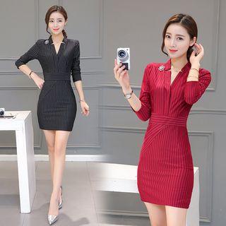 Pinstriped V-neck Sheath Dress