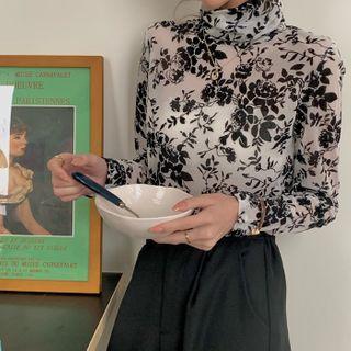 Mock-neck Floral Print Blouse Black Floral - White - One Size