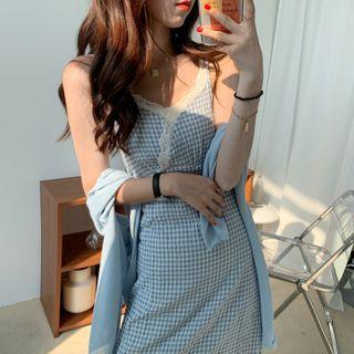 Spaghetti Strap Plaid Dress / Cardigan