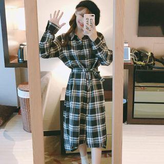 Tie-waist Plaid Shirt Dress