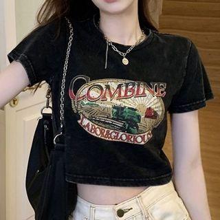 Short-sleeve Printed Washed Crop T-shirt
