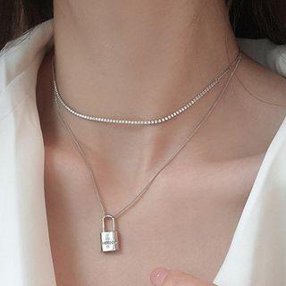 Lettering Lock Necklace / Rhinestone Chain Necklace