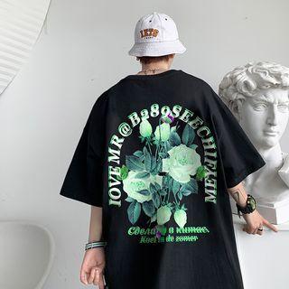 Elbow-sleeve Rose Print Vintage T-shirt
