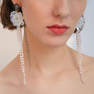 Faux Pearl Fringed Earring 1 Pair - 925 Silver - White - One Size