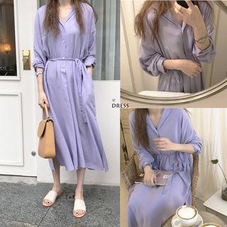 Long Sleeve Tie-waist V-neck Plain Dress Light Purple - One Size