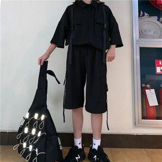 3/4-sleeve Striped Buckled Strap Shirt / Wide-leg Cropped Pants