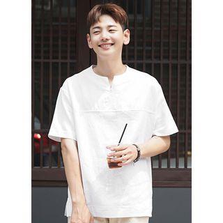 Notched-neckline Linen T-shirt