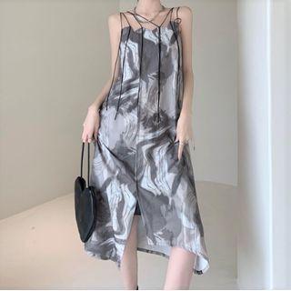 Strappy Marble Print Midi Shift Dress
