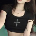 Cap-sleeve Cross Print Crop Top