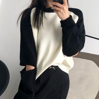 Long-sleeve Color-block Cut-out Knit Sweater