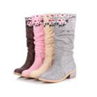 Block Heel Embroidered Mid-calf Boots