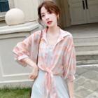 Plaid Elbow-sleeve Tie-front Blouse Orange - One Size