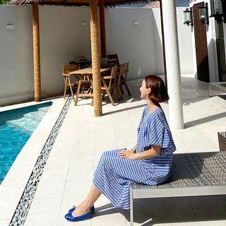 Bubble-sleeve Gingham Long Dress