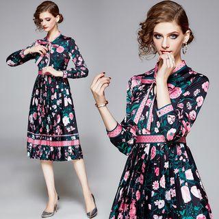 Tie-neck Long-sleeve Floral Jacquard Midi A-line Dress